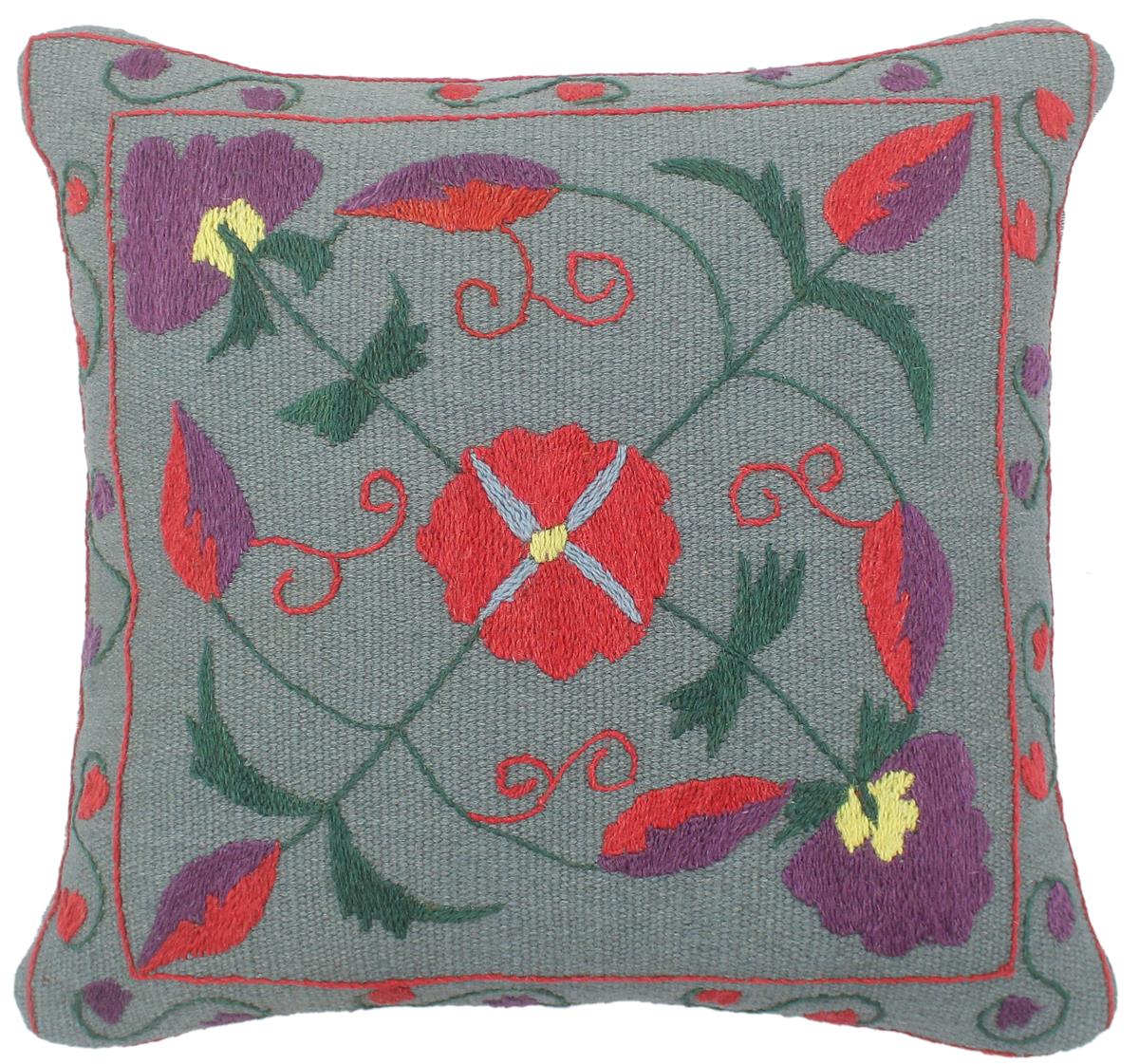 handmade  Pillow Gray Red Hand-Woven SQUARE 100% Wool Suzani Throw Pillow