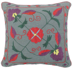 handmade  Pillow Gray Red Hand-Woven SQUARE 100% Wool Suzani Throw Pillow