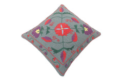 handmade  Pillow Gray Red Hand-Woven SQUARE 100% Wool Suzani Throw Pillow