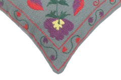 handmade  Pillow Gray Red Hand-Woven SQUARE 100% Wool Suzani Throw Pillow