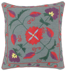 handmade  Pillow Gray Red Hand-Woven SQUARE 100% Wool Suzani Throw Pillow
