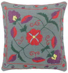 handmade  Pillow Gray Red Hand-Woven SQUARE 100% Wool Suzani Throw Pillow