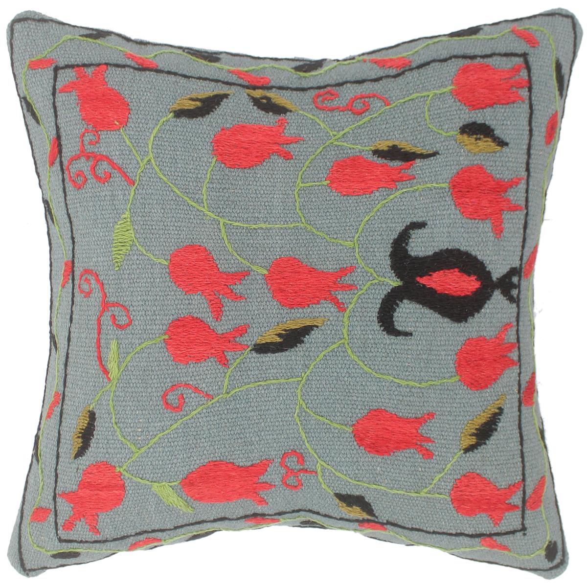 handmade  Pillow Gray Red Hand-Woven SQUARE 100% Wool Suzani Throw Pillow