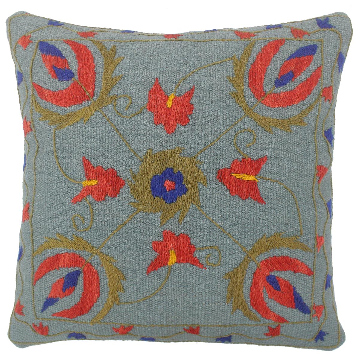 handmade Pillow Blue Red Hand-Woven SQUARE 100% Wool Suzani Throw Pillow