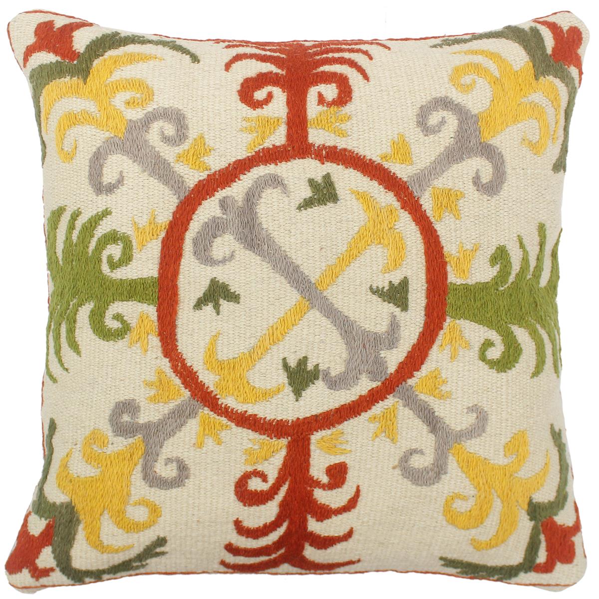 handmade Pillow Beige Rust Hand-Woven SQUARE 100% Wool Suzani Throw Pillow