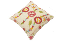 handmade Pillow Beige Blue Hand-Woven SQUARE 100% Wool Suzani Throw Pillow