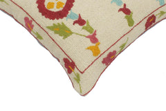 handmade Pillow Beige Blue Hand-Woven SQUARE 100% Wool Suzani Throw Pillow