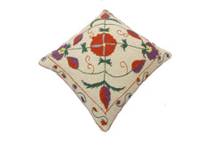 handmade Pillow Beige Rust Hand-Woven SQUARE 100% Wool Suzani Throw Pillow