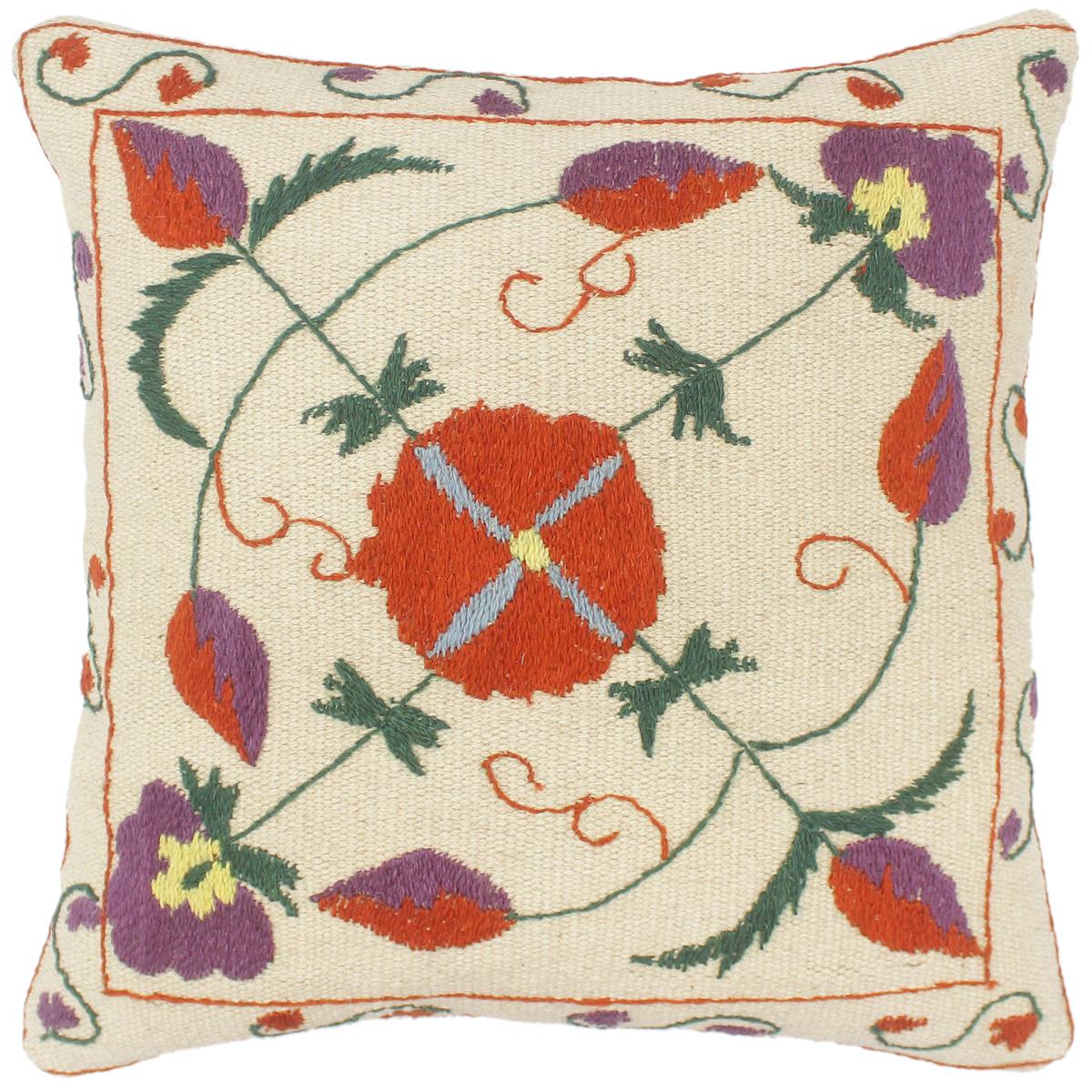 handmade Pillow Beige Rust Hand-Woven SQUARE 100% Wool Suzani Throw Pillow