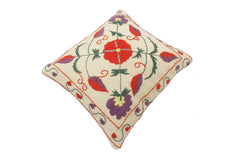 handmade Pillow Beige Rust Hand-Woven SQUARE 100% Wool Suzani Throw Pillow