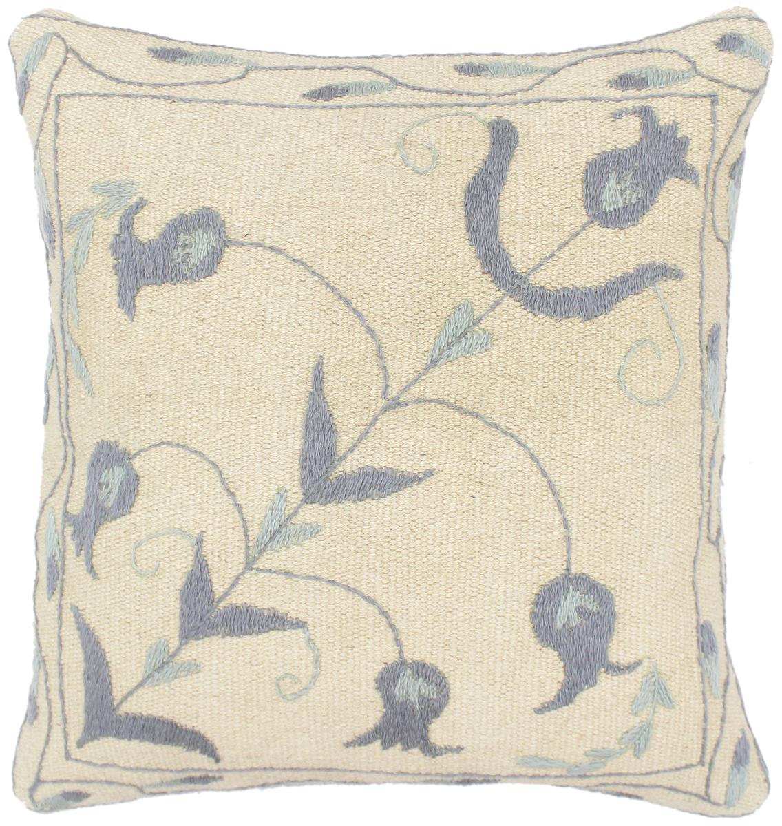 handmade Pillow Beige Blue Hand-Woven SQUARE 100% Wool Suzani Throw Pillow