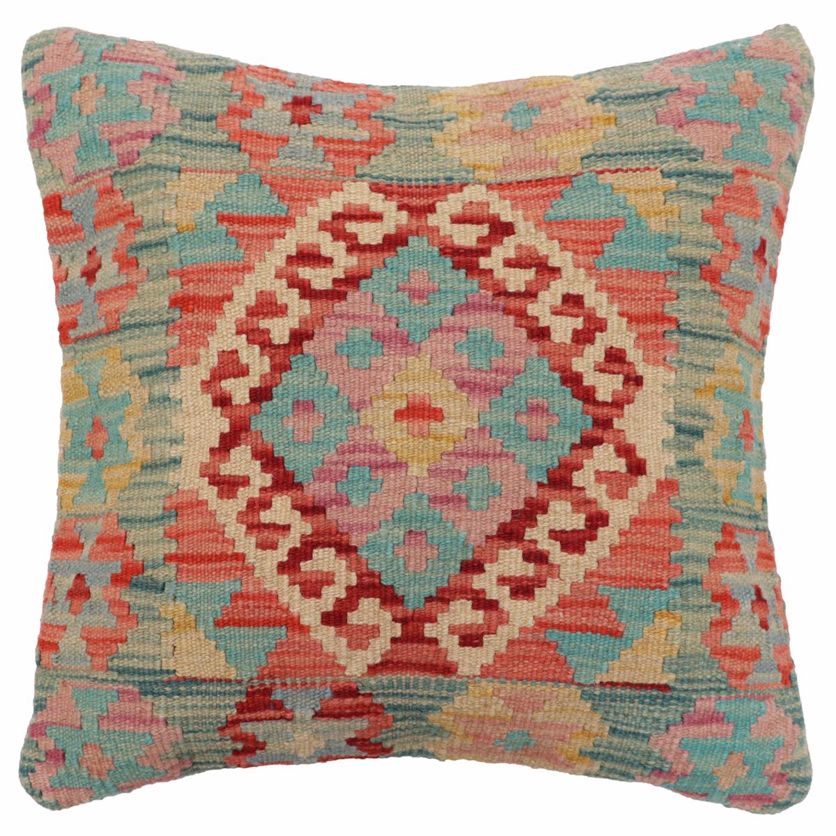 handmade Traditional Pillow Blue Red Hand-Woven SQUARE 100% WOOL Hand woven turkish pillow 2 x 2