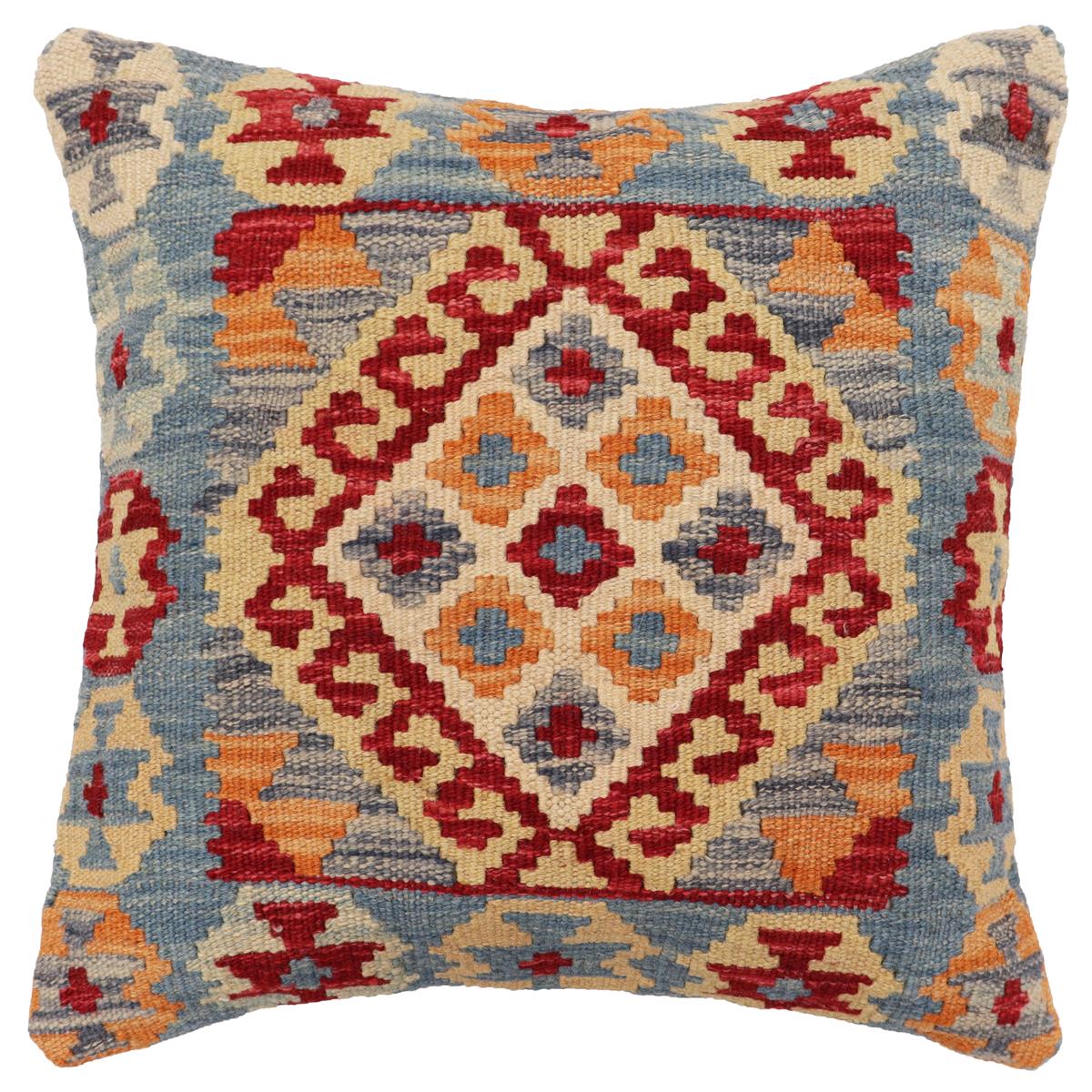 handmade Traditional Pillow Blue Red Hand-Woven SQUARE 100% WOOL Hand woven turkish pillow2' x 2'