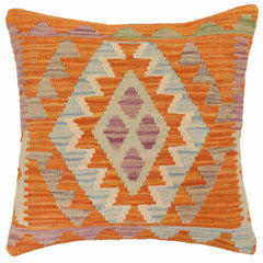 handmade Traditional Pillow Orange Blue Hand-Woven SQUARE 100% WOOL Hand woven turkish pillow2' x 2'