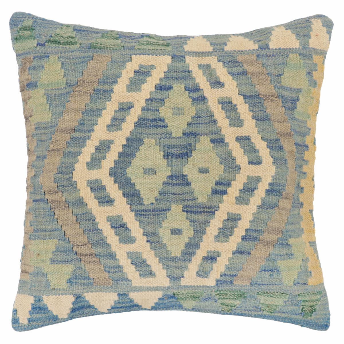 handmade Traditional Pillow Blue Beige Hand-Woven SQUARE 100% WOOL Hand woven turkish pillow2' x 2'