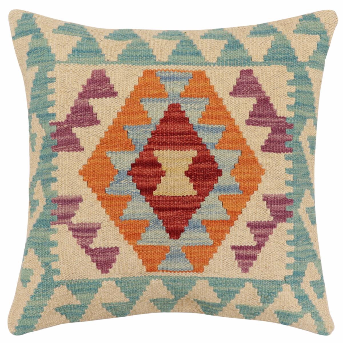 handmade Traditional Pillow Beige Blue Hand-Woven SQUARE 100% WOOL Hand woven turkish pillow2' x 2'
