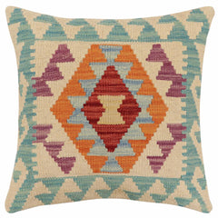 handmade Traditional Pillow Beige Blue Hand-Woven SQUARE 100% WOOL Hand woven turkish pillow2' x 2'