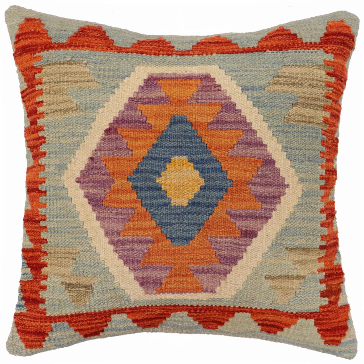 handmade Traditional Pillow Blue Rust Hand-Woven SQUARE 100% WOOL Hand woven turkish pillow2' x 2'