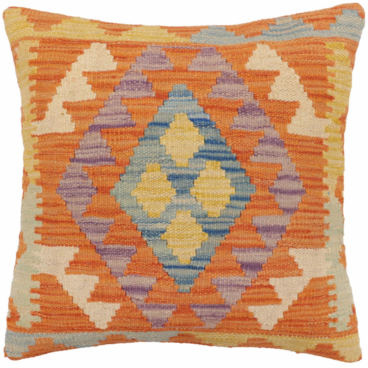 handmade Traditional Pillow Orange Blue Hand-Woven SQUARE 100% WOOL Hand woven turkish pillow2' x 2'