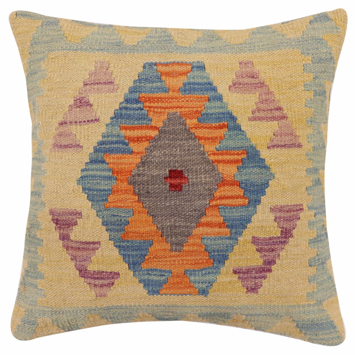 handmade Traditional Pillow Blue Orange Hand-Woven SQUARE 100% WOOL Hand woven turkish pillow2' x 2'