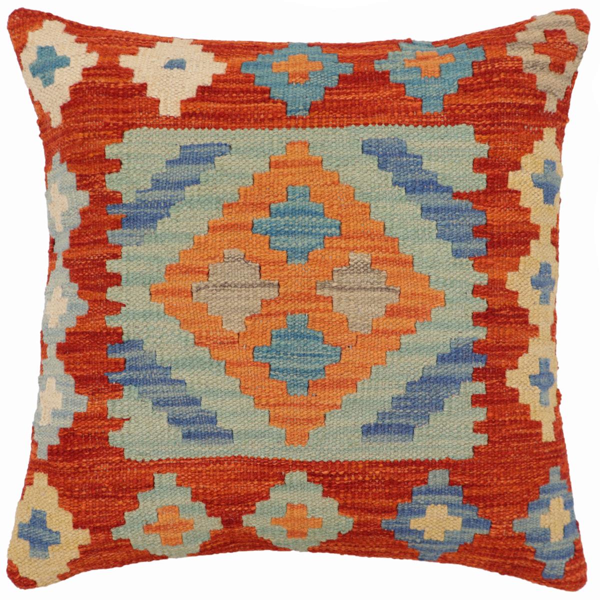 handmade Traditional Pillow Rust Blue Hand-Woven SQUARE 100% WOOL Hand woven turkish pillow2' x 2'