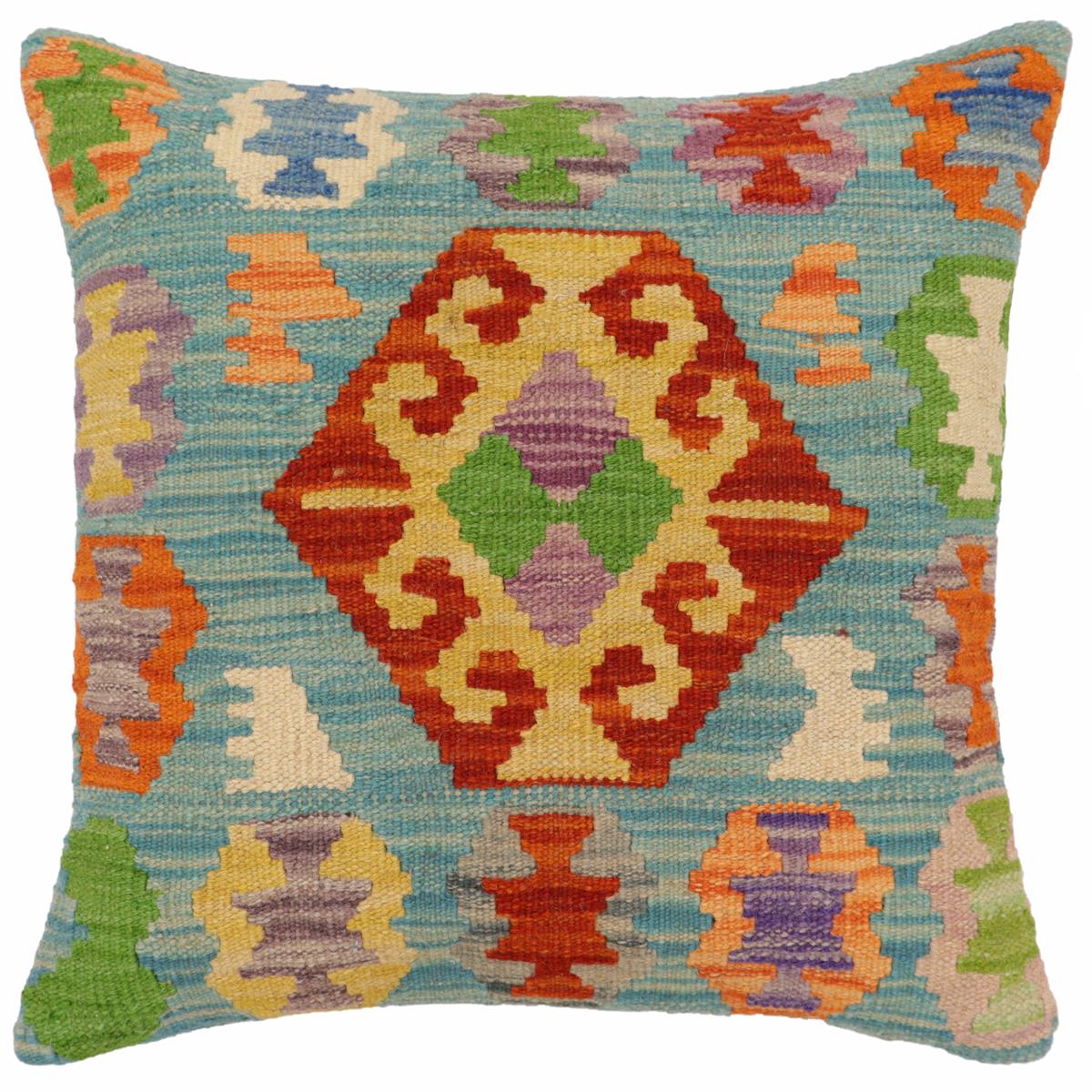 handmade Traditional Pillow Blue Rust Hand-Woven SQUARE 100% WOOL Hand woven turkish pillow2' x 2'