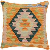 handmade Traditional Pillow Orange Blue Hand-Woven SQUARE 100% WOOL Hand woven turkish pillow2' x 2'