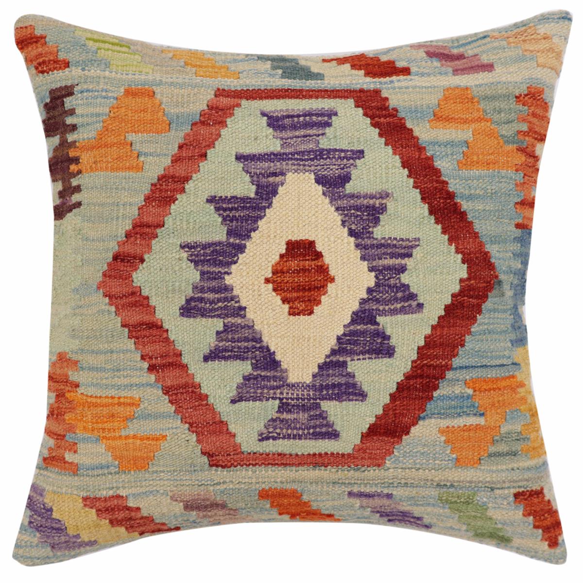 handmade Traditional Pillow Blue Red Hand-Woven SQUARE 100% WOOL Hand woven turkish pillow2' x 2'