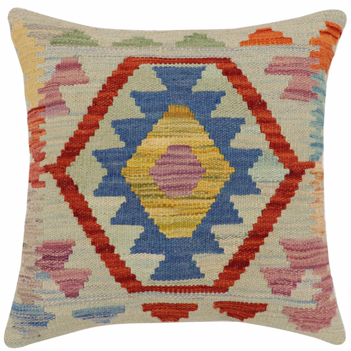 handmade Traditional Pillow Blue Rust Hand-Woven SQUARE 100% WOOL Hand woven turkish pillow2' x 2'