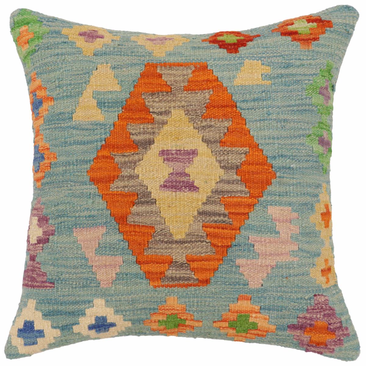 handmade Traditional Pillow Blue Rust Hand-Woven SQUARE 100% WOOL Hand woven turkish pillow2' x 2'