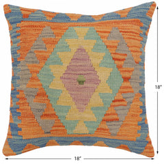handmade Traditional Pillow Blue Orange Hand-Woven SQUARE 100% WOOL Hand woven turkish pillow2' x 2'
