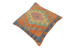 handmade Traditional Pillow Blue Orange Hand-Woven SQUARE 100% WOOL Hand woven turkish pillow2' x 2'