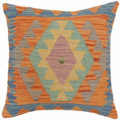 handmade Traditional Pillow Blue Orange Hand-Woven SQUARE 100% WOOL Hand woven turkish pillow2' x 2'