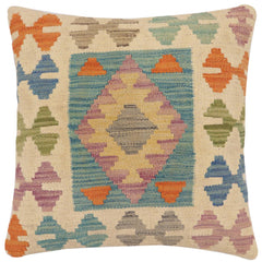 handmade Traditional Pillow Beige Blue Hand-Woven SQUARE 100% WOOL Hand woven turkish pillow2' x 2'