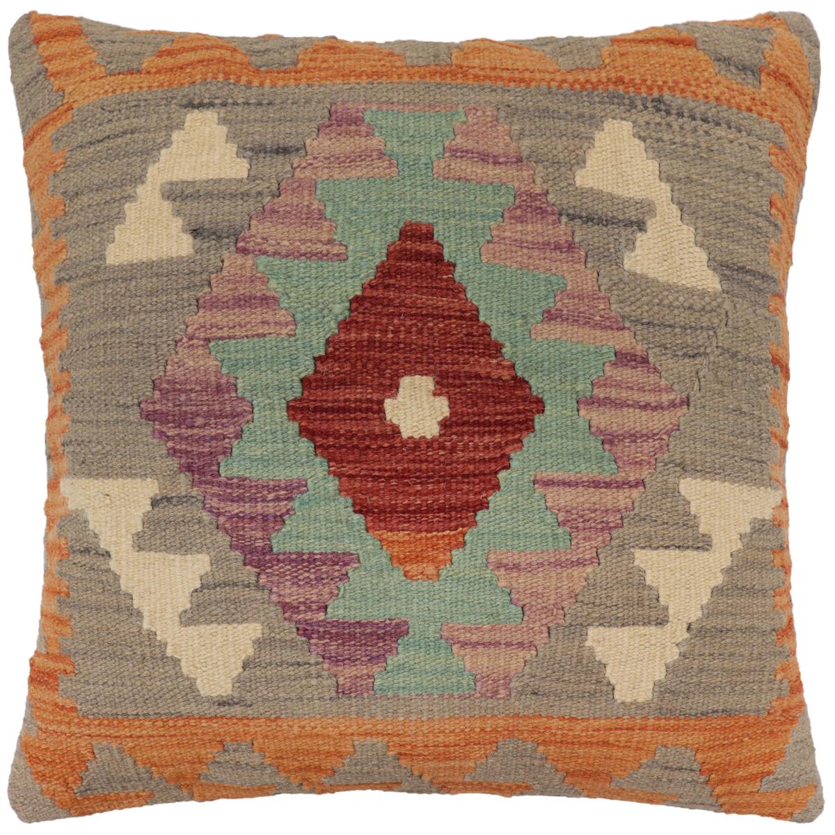 handmade Traditional Pillow Gray Orange Hand-Woven SQUARE 100% WOOL  Hand woven turkish pillow  PILLOW