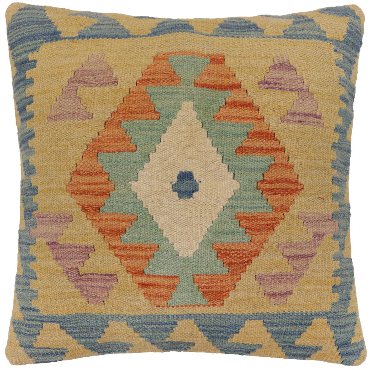 handmade Traditional Pillow Blue Gold Hand-Woven SQUARE 100% WOOL Hand woven turkish pillow PILLOW