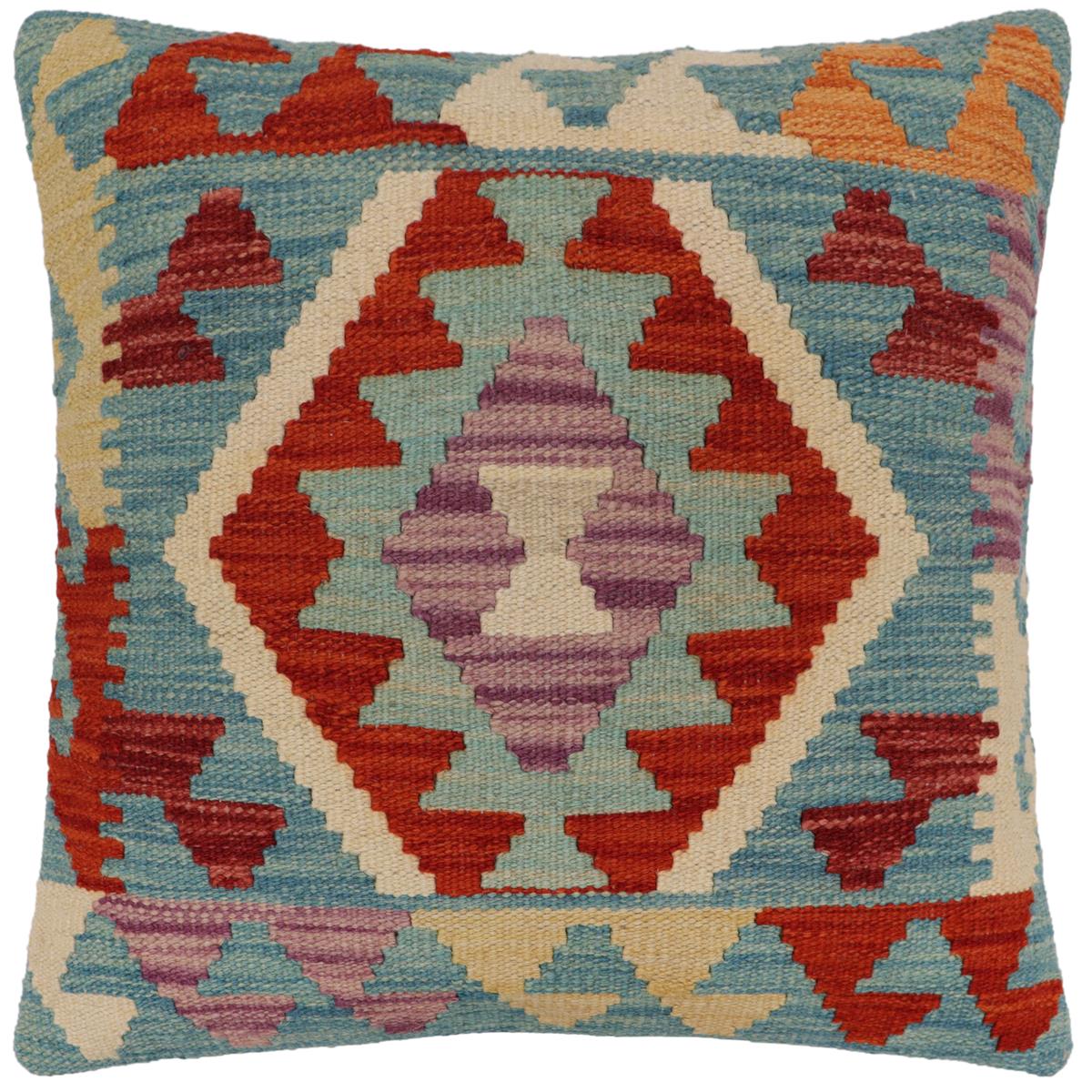 handmade Traditional Pillow Blue Rust Hand-Woven SQUARE 100% WOOL Hand woven turkish pillow PILLOW