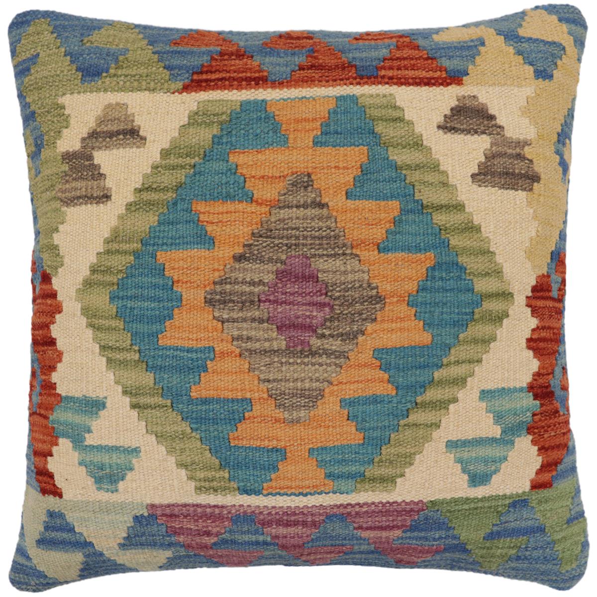 handmade Traditional Pillow Blue Rust Hand-Woven SQUARE 100% WOOL Hand woven turkish pillow PILLOW
