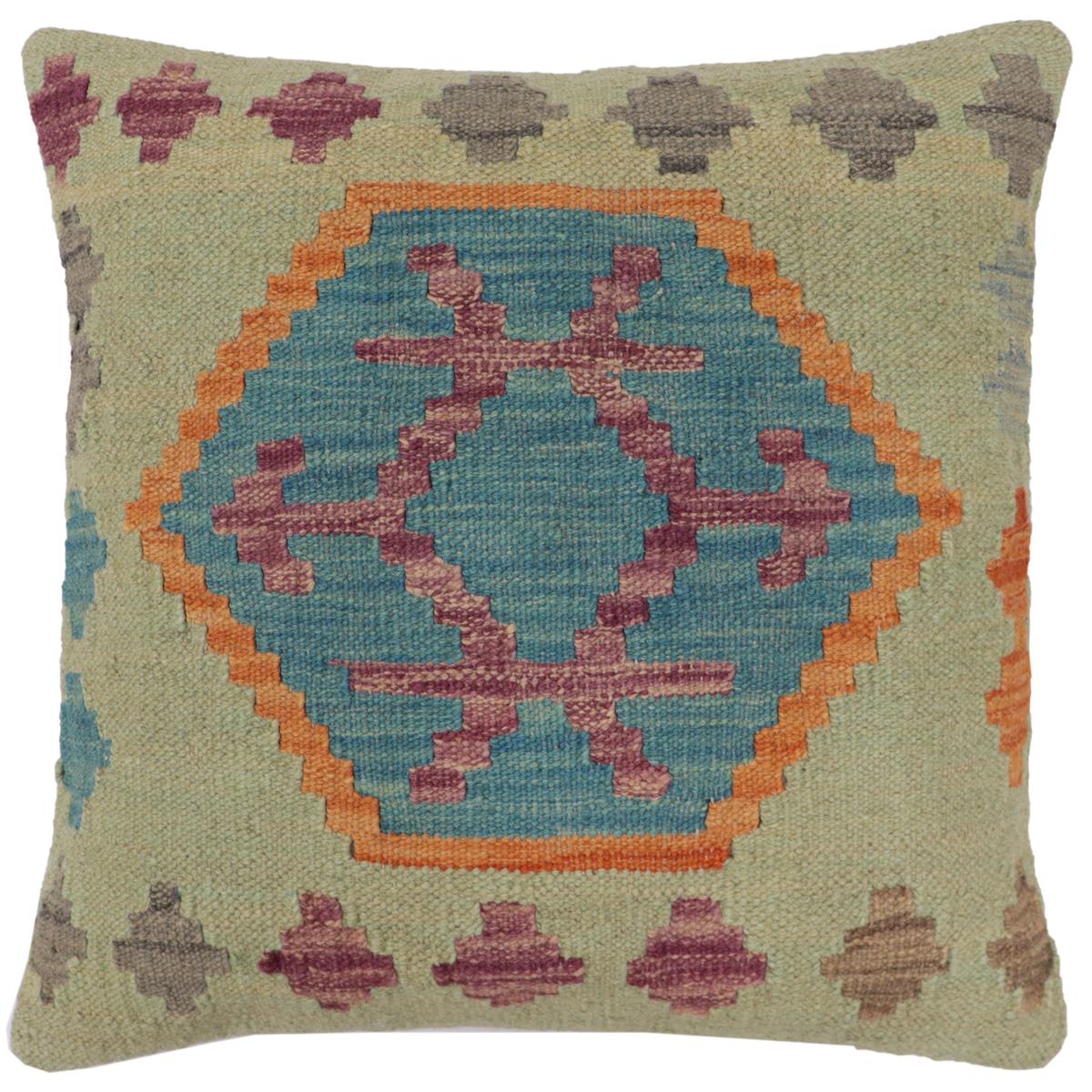 handmade Traditional Pillow Blue Orange Hand-Woven SQUARE 100% WOOL Hand woven turkish pillow2' x 2'