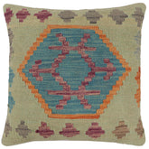 handmade Traditional Pillow Blue Orange Hand-Woven SQUARE 100% WOOL Hand woven turkish pillow2' x 2'