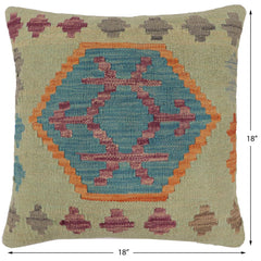handmade Traditional Pillow Blue Orange Hand-Woven SQUARE 100% WOOL Hand woven turkish pillow2' x 2'