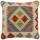 handmade Traditional Pillow Blue Beige Hand-Woven SQUARE 100% WOOL Hand woven turkish pillow2' x 2'