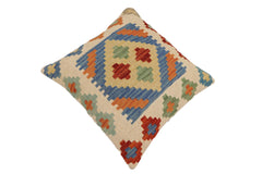 handmade Traditional Pillow Blue Beige Hand-Woven SQUARE 100% WOOL Hand woven turkish pillow2' x 2'