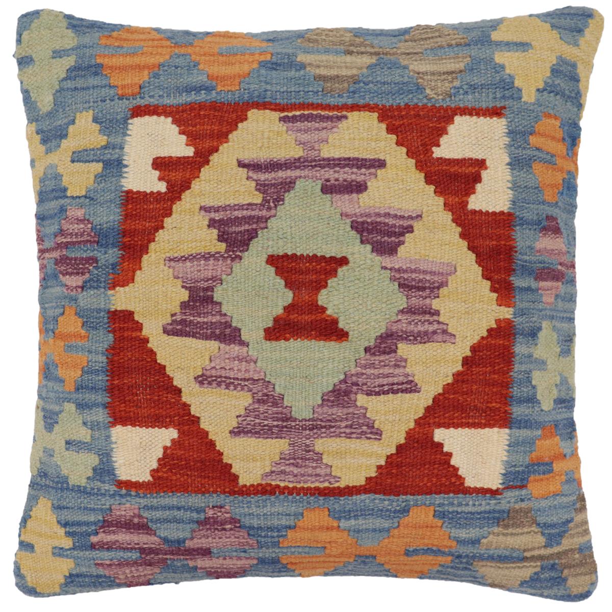 handmade Traditional Pillow Blue Rust Hand-Woven SQUARE 100% WOOL Hand woven turkish pillow2' x 2'