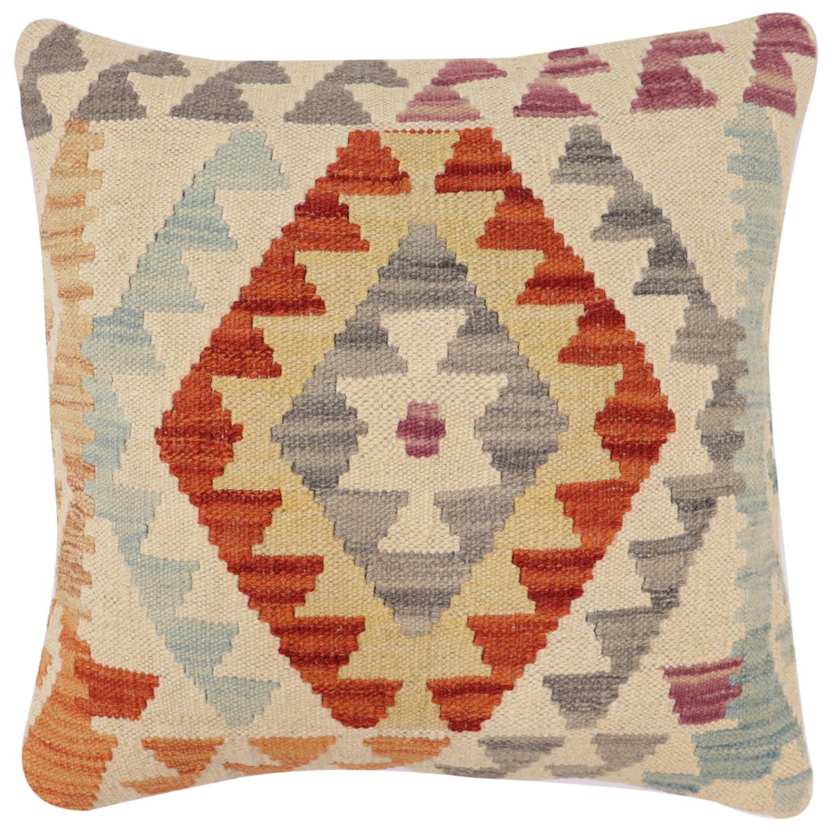 handmade Traditional Pillow Beige Rust Hand-Woven SQUARE 100% WOOL Hand woven turkish pillow2' x 2'