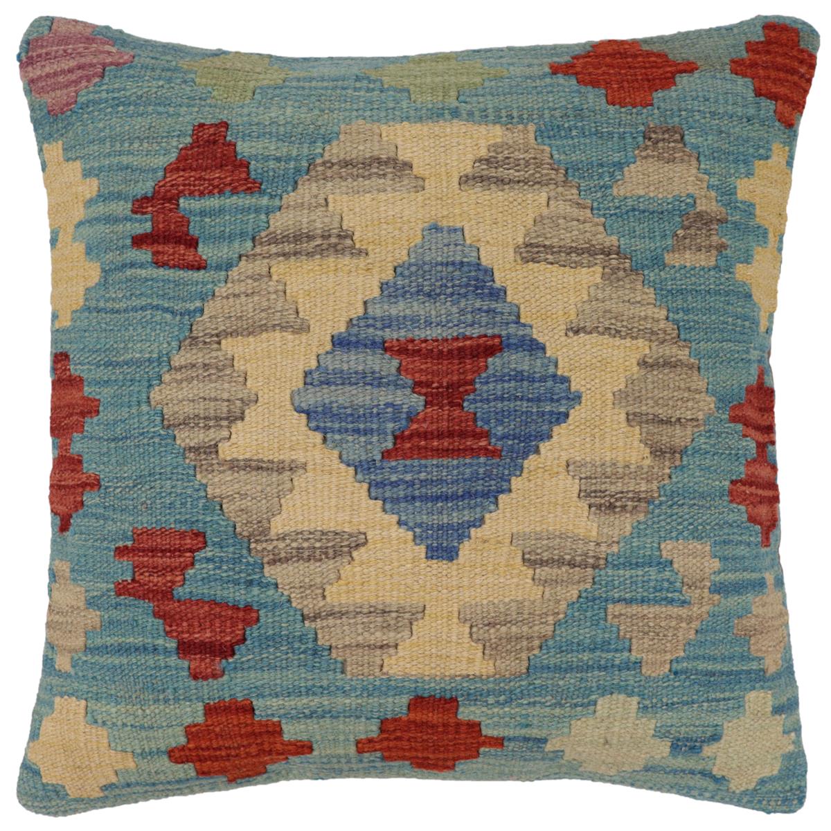 handmade Traditional Pillow Blue Red Hand-Woven SQUARE 100% WOOL Hand woven turkish pillow2' x 2'