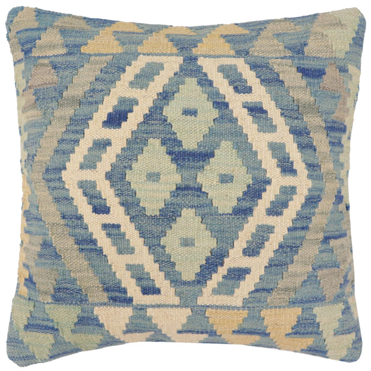 handmade Traditional Pillow Blue Beige Hand-Woven SQUARE 100% WOOL Hand woven turkish pillow2' x 2'
