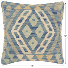 handmade Traditional Pillow Blue Beige Hand-Woven SQUARE 100% WOOL Hand woven turkish pillow2' x 2'