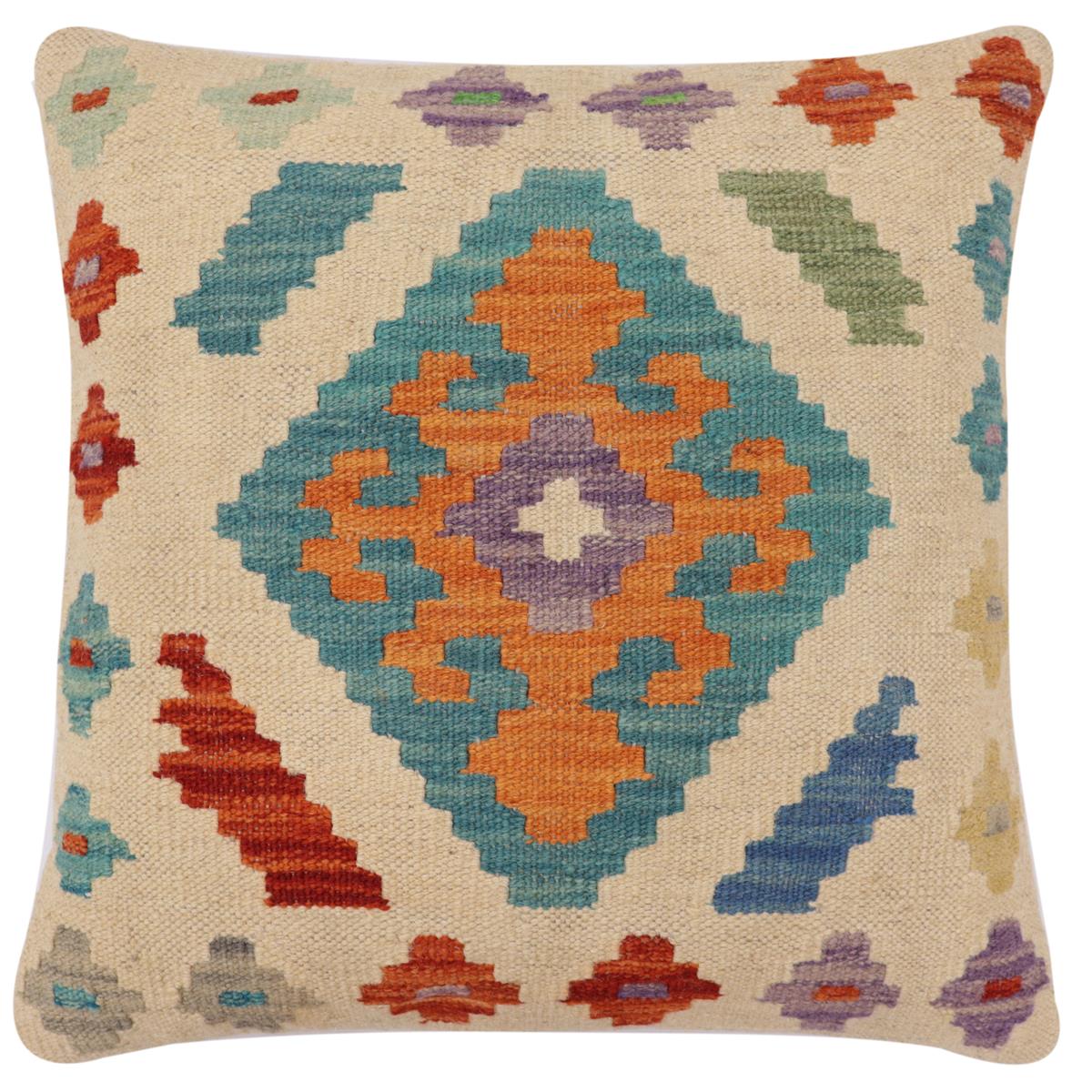 handmade Traditional Pillow Beige Blue Hand-Woven SQUARE 100% WOOL Hand woven turkish pillow2' x 2'