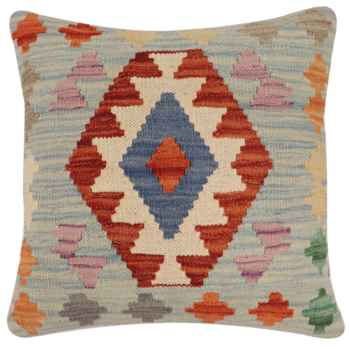 handmade Traditional Pillow Blue Rust Hand-Woven SQUARE 100% WOOL Hand woven turkish pillow2' x 2'